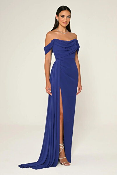 ALFABETA KADIN ABİYE STRAPLEZ YAKA DÜŞÜK KOL YIRTMAÇ DETAYLI UZUN ŞIK ŞİFON E...