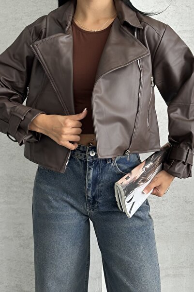 moda armanc Faux Leather Balloon Sleeve Biker Jacket