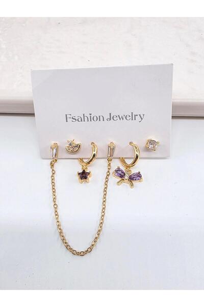 By Zeyna Aksesuar Women's Vip Series Zircon Stone 6-Piece Asymmetric Earring Set – Antiallergenic