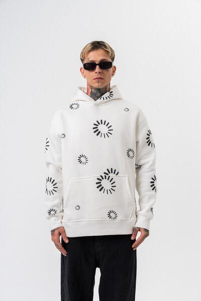 Respire Men's Upload Printed Hooded Oversize Hoodie Ecru