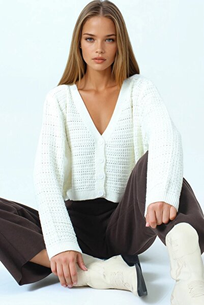 VAGGON Women's Ecru Textured Knitted Patterned Long Sleeve Buttoned Knitwear Cardigan Vs01049