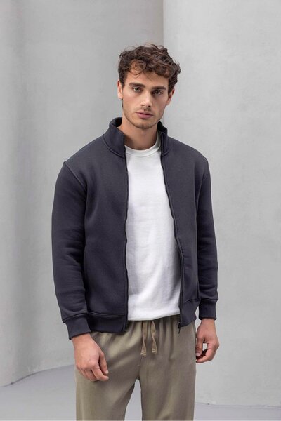 Valiberta Marcel Regular Fit Zippered Pocket Three-Thread Ribbed Men's Sweatshirt - Smoked
