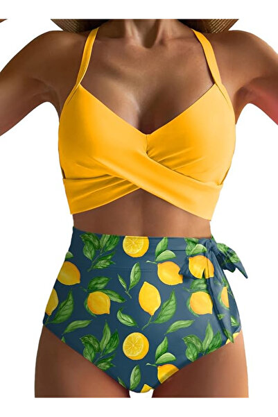 Dokotoo Costum de baie din două piese pentru femei, cu talie înaltă, galben/v...