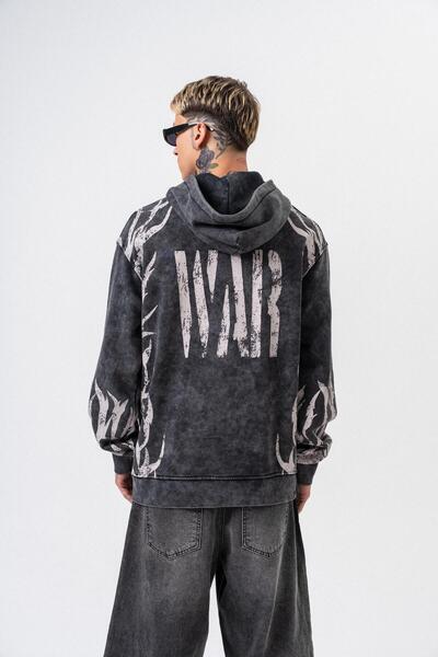 Respire Men's War Printed Washable Hooded Oversize Hoodie Black