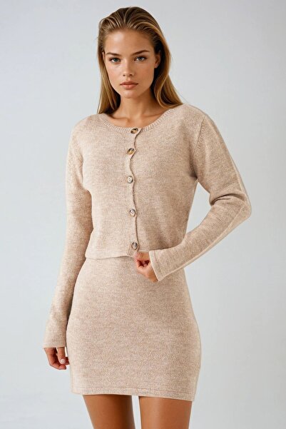 VAGGON Women's Beige Short Sleeve Knitwear Mini Dress and Buttoned Cardigan Set Vs00982