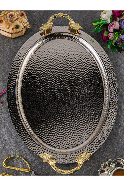 SENA HEDİYELİK Damla Desenli Gümüş Renk Oval 6 Kişilik Tepsi (50x33 cm)