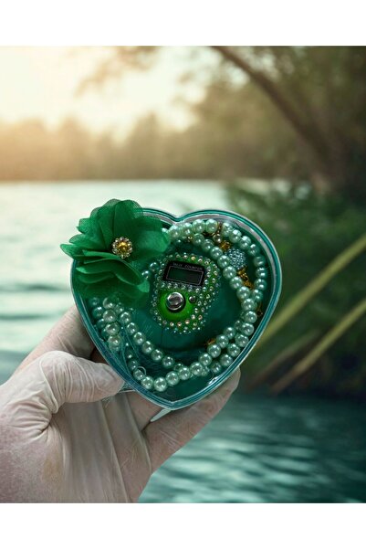 shop Su Yeşili Zikirmatik + İnci Tesbih Hediyelik Kalpli Kutu Seti