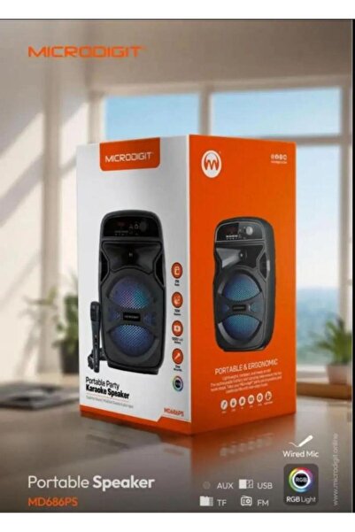 Microdigit Portable Bluetooth Speaker with Karaoke Microphone and RGB Lighting - MD686PS, Supports USB, TF, FM, AUX