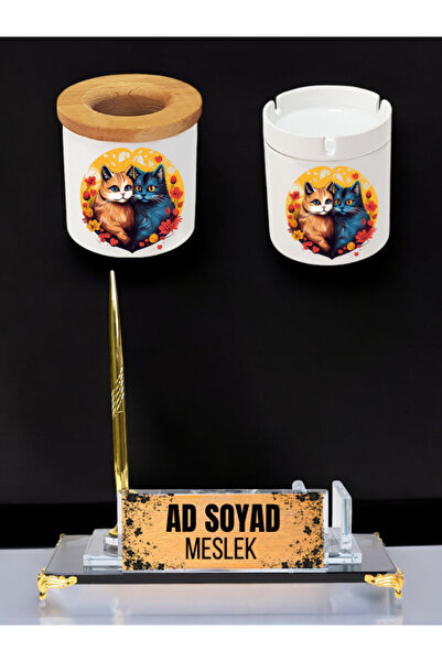 lili hediyelik Kedi Aşkı Baskılı Masa Üstü İsimlik, Masa İsimliği - Ofis Masa...