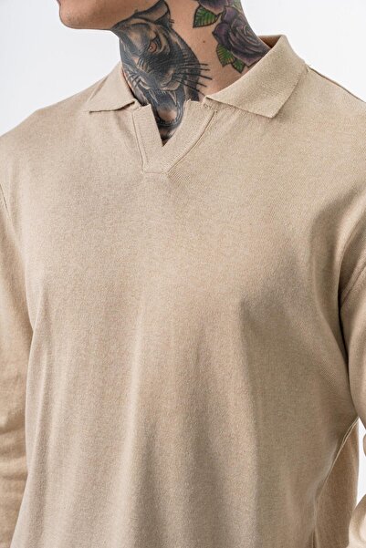 Respire Ανδρικό πλεκτό πλεκτό πουλόβερ από βαμβακερό μείγμα μπεζ
