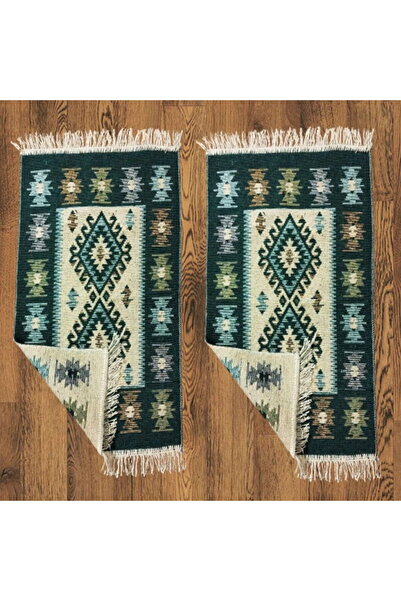 OEM 1+1 Traditional Rugs, Cotton, Size 60x90 cm, Green and Cream, ROMB Pattern