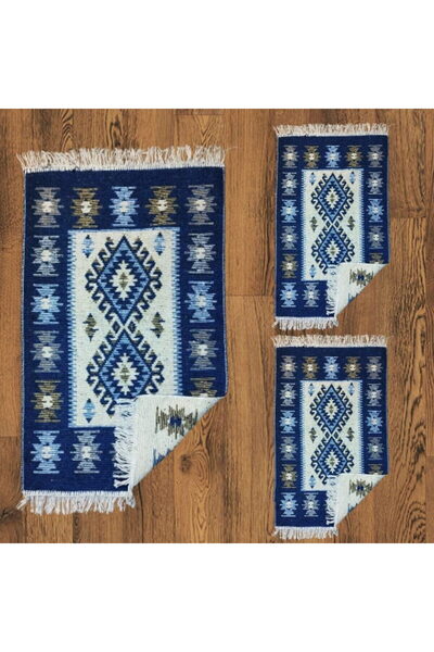 OEM 1+2 Covoare Tradiționale, dimensiune 1 buc 200x300cm + 2 buc 60x90cm, albastru și crem, model ROMB