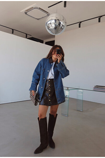 BRTC design Γυναικεία δερμάτινη μίνι φούστα με κουμπιά στο μπροστινό μέρος σε καφέ χρώμα