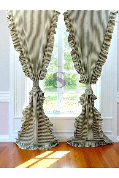 shules collection YEŞİL ÇİZGİLİ CİFT TARAFLI FIRFIRLI Vintage Pamuk Keten Per...