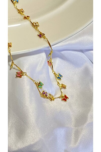 StainlessStore Altın İşlemeli Renkli Kelebek Figürlü Kolye