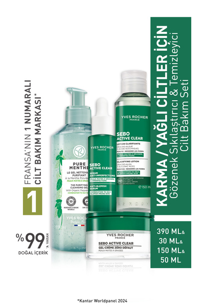 Yves Rocher Karma & Yağlı Cilt Bakım Seti – Gözenek Sıkılaştırıcı, Temizleyic...