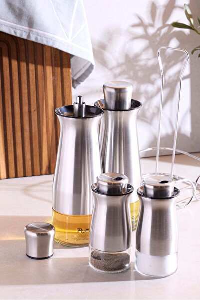 Perotti Inox 4-Piece Oil Bottle-Vinegar Bottle Set with Stand