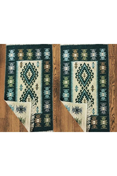 OEM 1+1 Traditional Rugs, Cotton, Size 60x90 cm, Green and Cream, ROMB Pattern