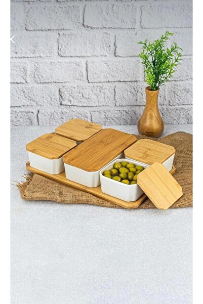 VESTA Concept Bambu Kapaklı Porselen 5 Parça Kahvaltı Seti – Şık Sunum ve Sak...