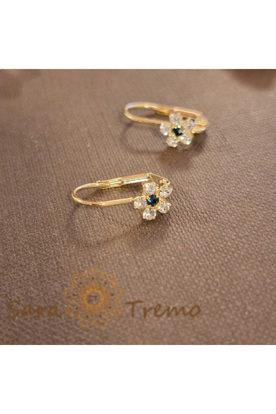 saratremo 18K Gold-Plated Earrings with Floral Design, Green Zircon and White Crystals