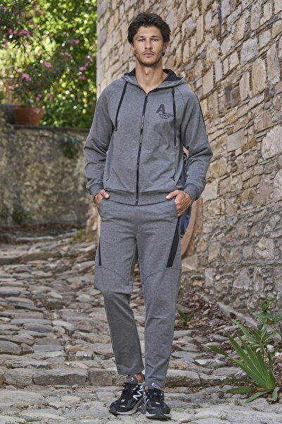 Cossy By Aqua 26193 Men's Hooded Long Sleeve Front Zipper Tracksuit Set-Anthr...