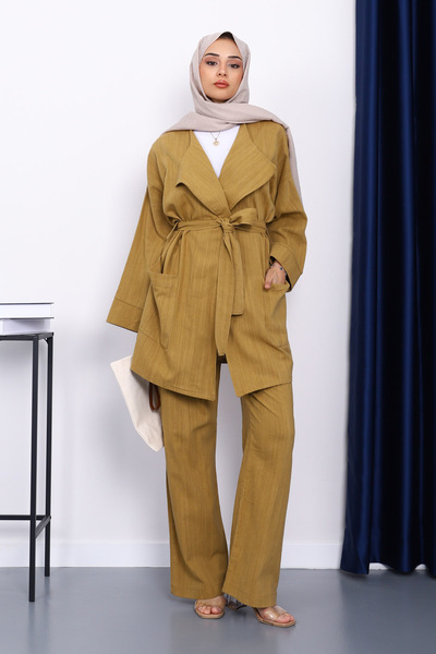 İmajButik Oil Green Waist Belted Linen Kimono Pants Set