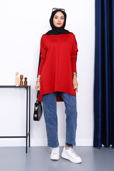 İmajButik Red Sleeve Zippered Cold Thread Knitwear Tunic