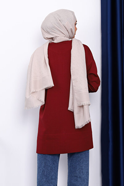 İmajButik Burgundy Sleeve Zippered Cold Thread Knitwear Tunic