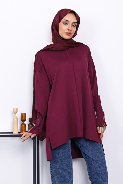 İmajButik Plum Sleeve Zippered Cold Thread Knitwear Tunic