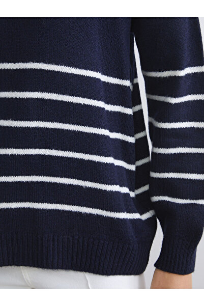 LC Waikiki Синій светр з напіврибальським коміром, смугастий, оверсайз, жіночий трикотажний светр