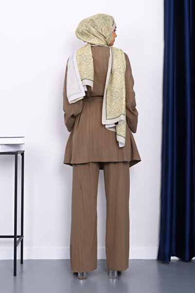 İmajButik Haki Bel Kuşaklı Keten Kimono Pantolonlu Takım
