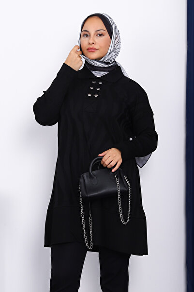 İmajButik Black Shirt Collar Cold Yarn Knitwear Tunic