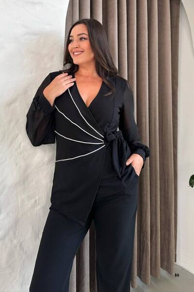 ZISHAN Büyük Beden Beyaz Şeritli Kruvaze Yaka Siyah Abiye Pantolon Takım 027