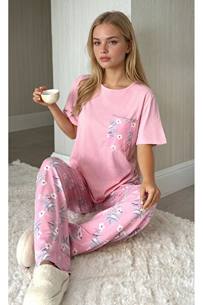 CARLA MARA Floral Patterned Short Sleeve Pink Pajama Set
