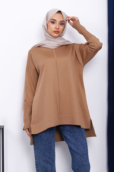 İmajButik Biscuit Sleeve Zippered Cold Thread Knitwear Tunic