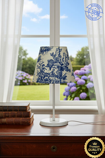 APCASADECOR Vintage Toile de Jouy Desenli Beyaz Ayaklı Abajur Masa Lambası El...