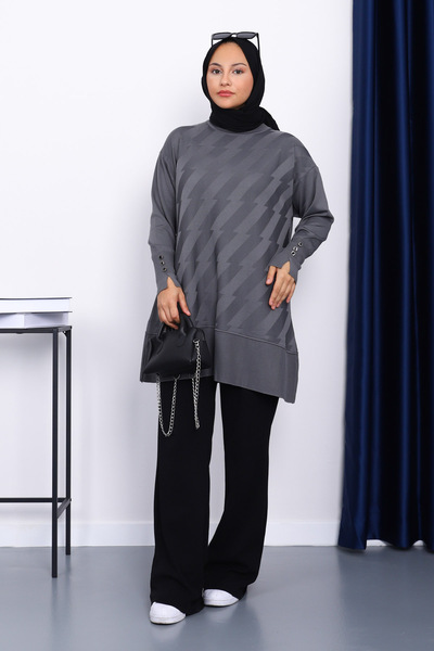 İmajButik Smoked Sleeve Buttoned Cold Yarn Knitwear Tunic