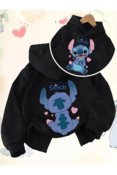 oneagılyazı Kışlık Kapüşonlu Sweatshirt, Çocuk We Love Stitch Baskılı