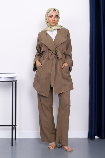 İmajButik Khaki Belted Linen Kimono Pants Set