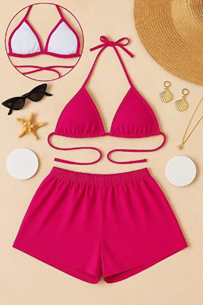 The LOG INVEST Women's Fuchsia Shorts Waist and Neck Tie Bikini Set