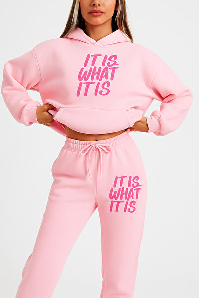 CLASSY.MODA Γυναικείο σετ αθλητικής φόρμας με κουκούλα και τσέπες καγκουρό με 3 κλωστές με στάμπα με κείμενο IT IS WHAT IT IS