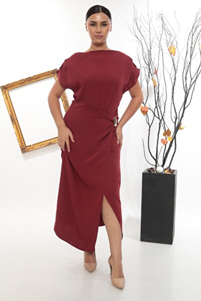 Budvaa Stylish Boat Neck Draped Waist Buckle Midi Dress