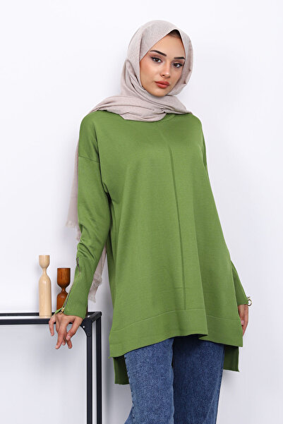 İmajButik Oil Green Sleeve Zippered Cold Thread Knitwear Tunic