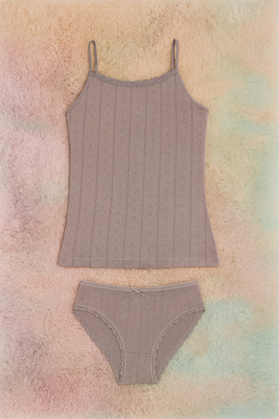ROZELT Women's Gray Cotton Lace Strap Tank Top & Panties 2-Piece Set