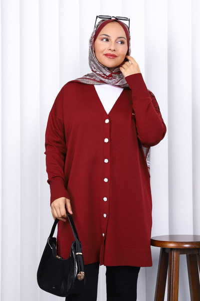 İmajButik Burgundy Buttoned Cold Thread Knitwear Cardigan