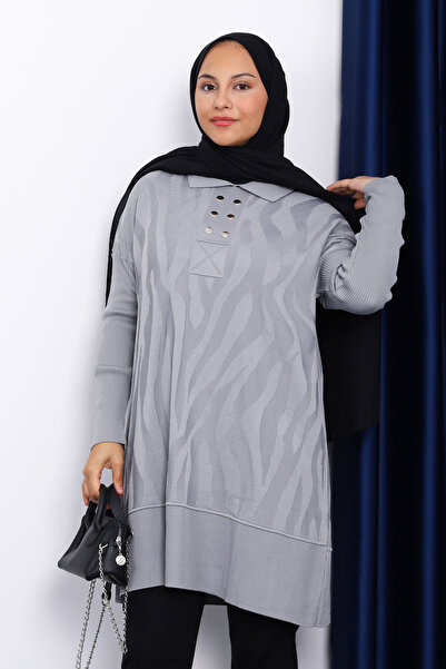 İmajButik Gray Shirt Collar Cold Yarn Knitwear Tunic
