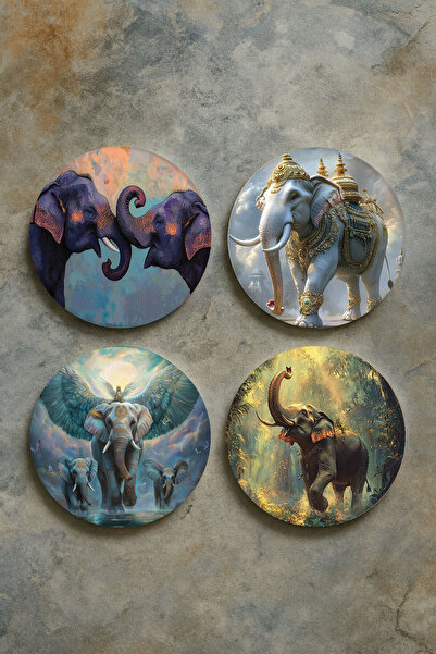 Cekuonline Home Decor Oval Plexiglass Coasters Themed Patterned Set of 4 Elephant