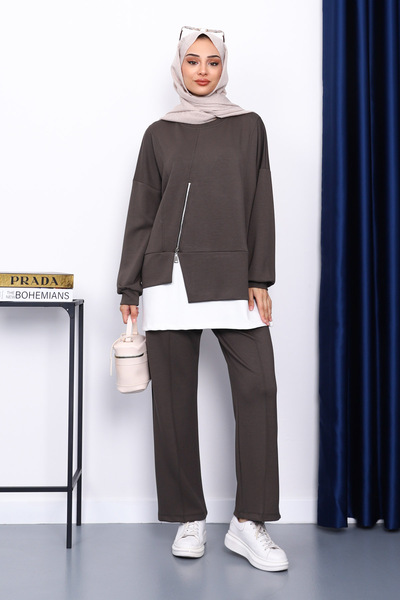 İmajButik Dark Khaki Zipper Detailed Modal Tunic Trouser Suit