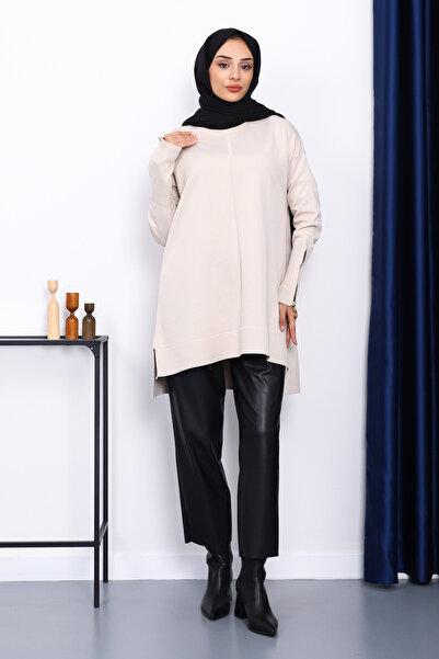 İmajButik Stone Sleeve Zippered Cold Thread Knitwear Tunic