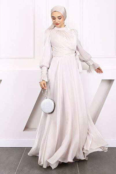 İmajButik Stone Side Tie Sleeve Detailed Evening Dress